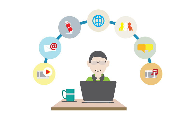 illustration of a man on a laptop surrounded by digital icons
