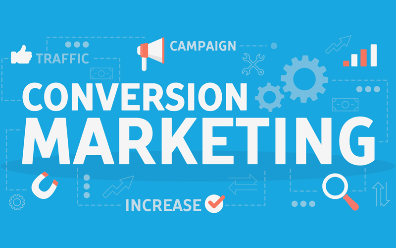 Banner showing conversion marketing surrounded by icons and key words