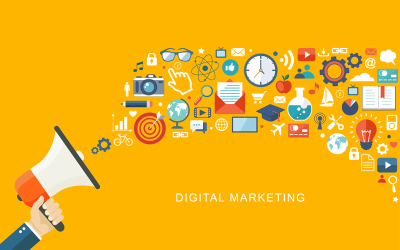 A megaphone spilling out various digital marketing icons