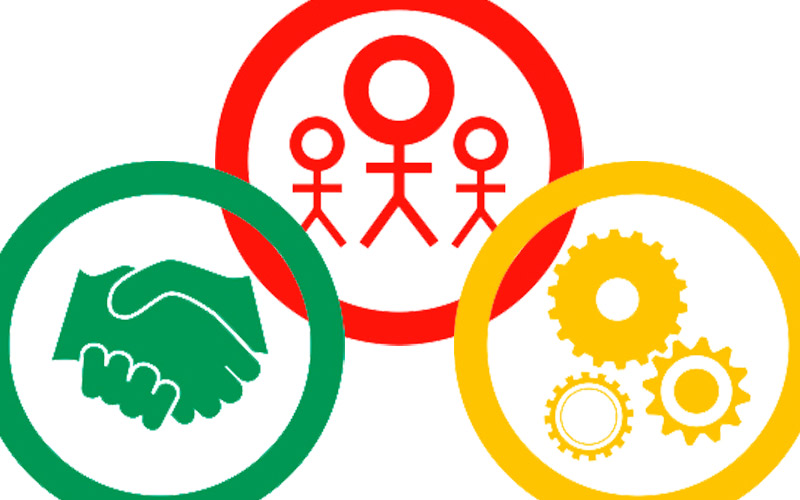 Icons representing a handshake, cogs and people