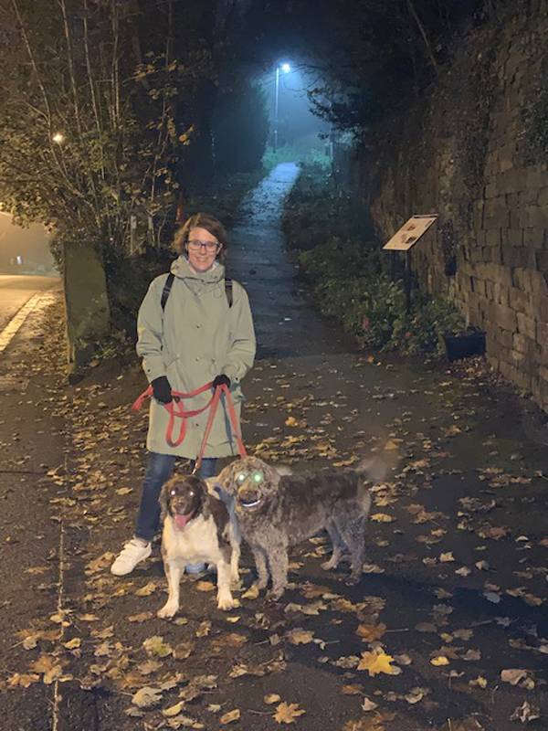 Helen and two dogs at night