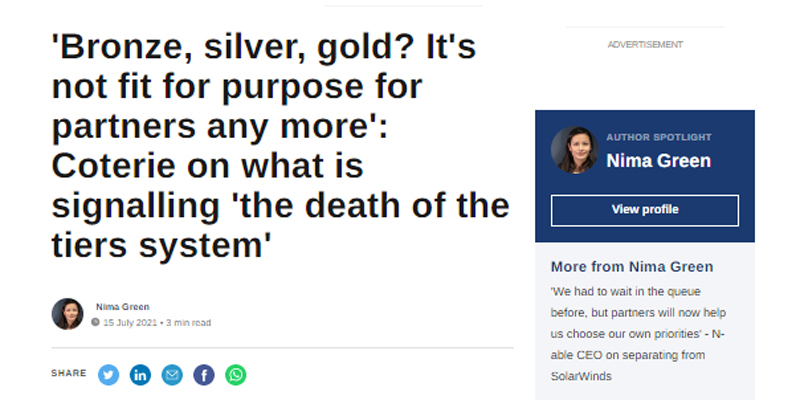 Screebgrab of blog 'Bronze, silver, gold? It's not fit for purpose for partners any more': Coterie on what is signalling 'the death of the tiers system'