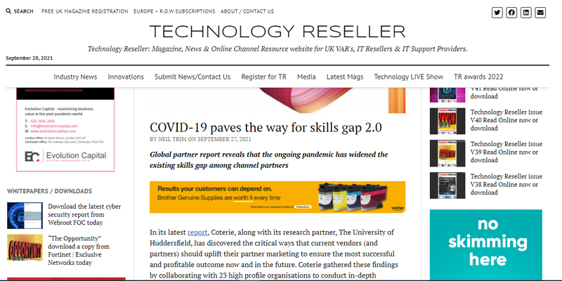 Screengrab of Technology Reseller Article 'Covid-19 paves the way for skills gap 2.0'